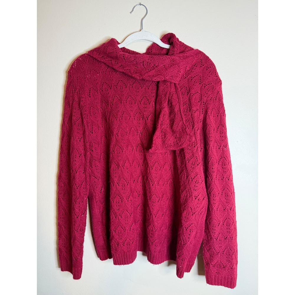 Alfred Dunner Womens L Magenta Pink Pointelle Knit Sweater Attached Scarf